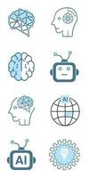 Group of 8 AI icons, symbols. Set of Artificial intelligence lined style, cybernetic, ai, head, technology vector