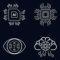 Set of 4 icons, symbols for AI concept vector, illustration design. Four artificial intelligent icons on dark background vector