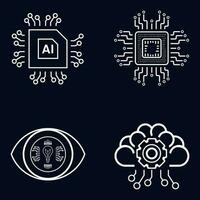 conjunto de 4 4 iconos, símbolos para ai concepto vector, ilustración diseño. cuatro artificial inteligente íconos en oscuro antecedentes vector