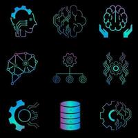 Nine Colorful of Lined pink and blue vector AI icons related to technology concepts, and human technology icons, text analytics, and text mining on dark