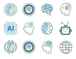 Collection of 12 AI, robots technology flat icons style on white background. Line icons, symbols. Set of 12 Artificial intelligence lined AI icons vector