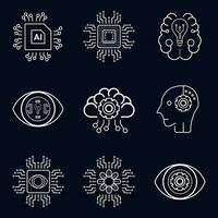 Set of 9 icons, symbols for AI concept vector, illustration design. Nine artificial intelligent icons on dark background vector