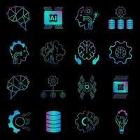 Group of technology icons vector, AI vector concept, 16 icons of AI generation illustration symbol, AI icons set for Artificial intelligence on dark background