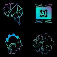 SET of Four technology icons vector, AI vector concept, 4 icons of AI generation illustration symbol, AI icons set for Artificial intelligence on dark backgroun