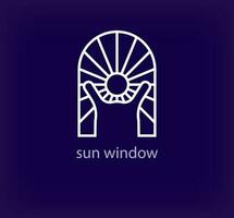 Human logo looking at the sun in front of a creative window. Unique linear window nature logo template. vector