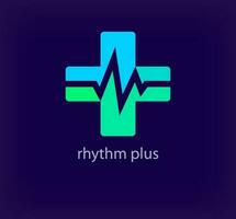 Creative plus and heart rhythm logo. Unique color transitions. Cardiogram template inside unique health sign. vector