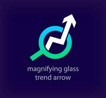 Creative magnifying glass trend arrow logo. Unique color transitions. Unique lens trend uptrend logo template. vector