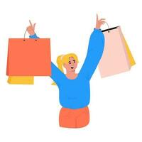 Young woman with purchase. Customer buying gifts. Shopping and purchase concept. Flat vector illustration