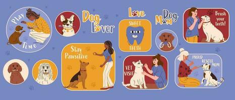 Dog dental health stickers. Canine dental care and hygiene concept. Raising awareness of oral hygiene for dogs. Vector illustration