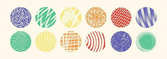 Colorful abstract circle shapes with loop, drops, spots, curves, lines and waves in trendy retro style. Hand drawn doodle elements. Vector illustration with wavy and spiral elements