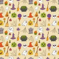 Funny halloween seamless pattern. pumpkin, ghost, witch hat, bat, sweets, spider, broom. Trick or treat concept. Vector illustration in hand drawn style