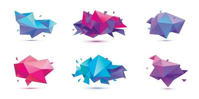 Vector set of abstract facet 3d shapes, geometric banners. Low poly triangle posters, polygon modern concept backgrounds