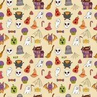 Funny halloween seamless pattern. pumpkin, ghost, witch hat, bat, sweets, spider, broom. Trick or treat concept. Vector illustration in hand drawn style