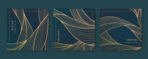 Vector set of abstract luxury golden square cards, post templates for social net, wavy line art background. Art Deco Pattern, texture for print, fabric, packaging design. Vintage illustration