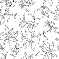 Vector floral linear seamless background, plants and leaves. One, continuous line pattern, hand drawn style. Monoline doodle