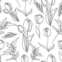 Vector floral linear seamless background, plants and leaves. One, continuous line pattern, hand drawn style. Monoline doodle