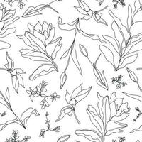 Vector floral linear seamless background, plants and leaves. One, continuous line pattern, hand drawn style. Monoline doodle