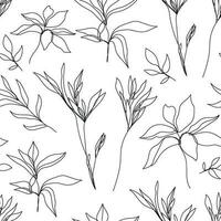 Vector floral linear seamless background, plants and leaves. One, continuous line pattern, hand drawn style. Monoline doodle