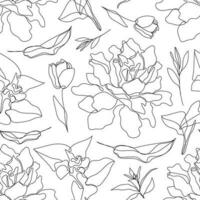 Vector floral linear seamless background, plants and leaves. One, continuous line pattern, hand drawn style. Monoline doodle