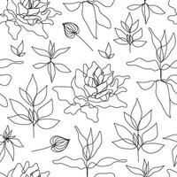 Vector floral linear seamless background, plants and leaves. One, continuous line pattern, hand drawn style. Monoline doodle