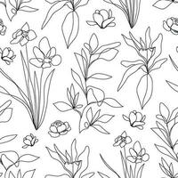 Vector floral linear seamless background, plants and leaves. One, continuous line pattern, hand drawn style. Monoline doodle