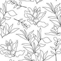 Vector floral linear seamless background, plants and leaves. One, continuous line pattern, hand drawn style. Monoline doodle