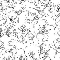 Vector floral linear seamless background, plants and leaves. One, continuous line pattern, hand drawn style. Monoline doodle