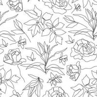 Vector floral linear seamless background, plants and leaves. One, continuous line pattern, hand drawn style. Monoline doodle