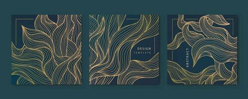 Vector set of abstract luxury golden square cards, post templates for social net, wavy line art background. Art Deco Pattern, texture for print, fabric, packaging design. Vintage illustration