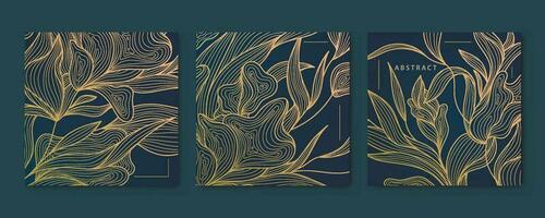 Vector set of abstract luxury golden square cards, wave post templates for social net, leaves botanical modern, art deco wallpaper background. Line floral patterns in japanese style