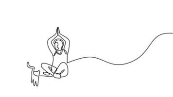 Person doing yoga with cat, one continuous line art drawing. vector