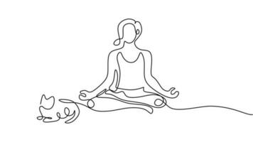 Cat yoga women, continuous line art drawing. Single sketch artwork vector