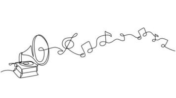 Music notes symbols with gramophone. One continuous hand drawn vector