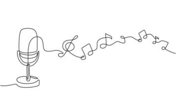 One line drawing music notes and microphone, minimalist vector