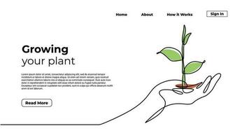 Growing plant continuous one line drawing. Landing page template vector