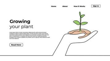 Growing plant continuous one line drawing. Landing page template vector