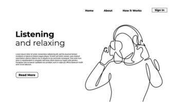 Happy woman listening music, continuous one line drawing vector