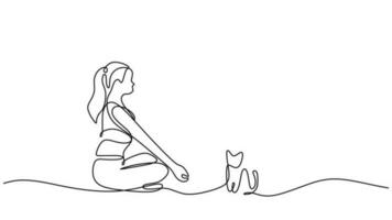 Cat yoga women, continuous line art drawing. Single sketch artwork vector