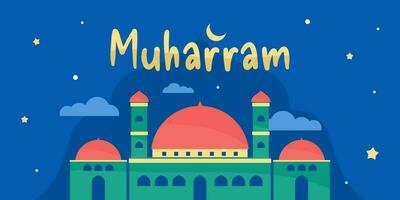 Happy muharram islamic new year banner with moon, star and big mosque vector