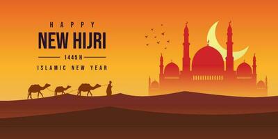 hijri year 1445 with moon, bird, mosque, arabic letter, people, camel vector