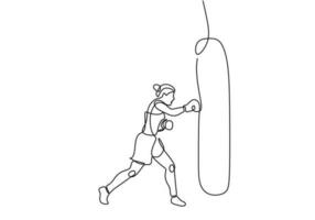 One line drawing woman training boxing exercise. Continuous line art vector