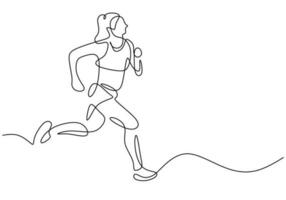 Marathon running, continuous one line drawing. Woman run vector