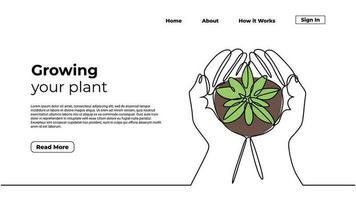 Growing plant continuous one line drawing. Landing page template vector