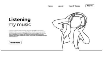 Woman listening music, continuous one line drawing. Vector illustration