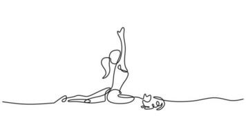 Cat yoga women, continuous line art drawing. Single sketch artwork vector