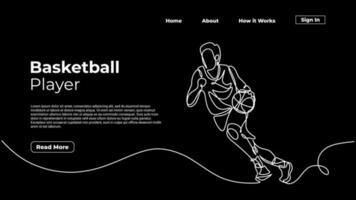 One line drawing basketball player, dribbling a ball to basket vector