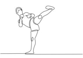 hombre kickboxing continuo línea dibujo. deporte combatiente mano dibujado. vector