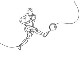 Soccer sport player, continuous one line  of sportsman kick a ball. vector