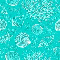 Seamless pattern with seashells, corals. Marine background. Vector illustration in sketch style.