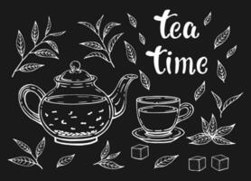 Tea set isolated on white background. Leaves, teapot and cup. Hand drawn vector illustration in outline style.